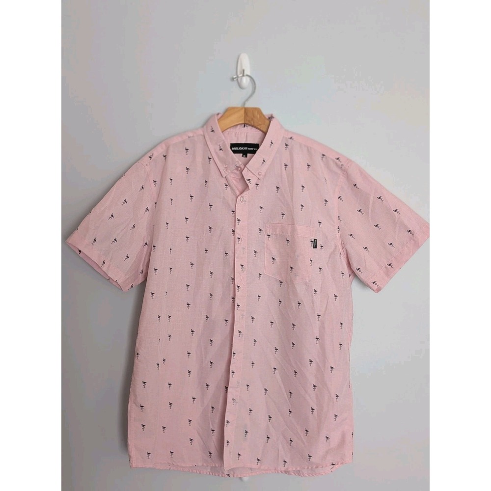 Pink Flamingo Print Button Front Shirt Men's XL Short Sleeve- Molokai Surf Co
